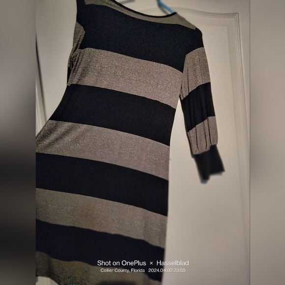 NWT Women's Blue Sage Shimmer gold/Black Stripe Stretchy Thin Mat'l - Picture 7 of 9